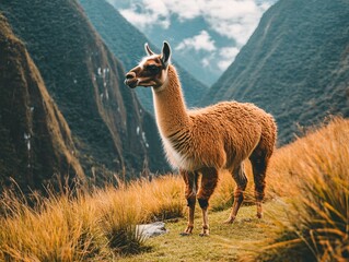 Close up photography of Llama looking at camera on grassland  on a mountain during clear day