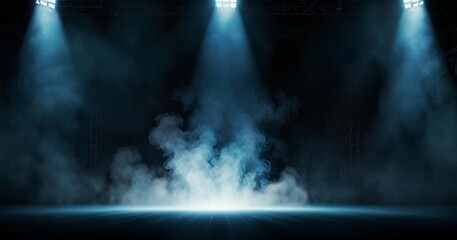 Naklejka premium Bright shiny stage lights flashing. Colorful blue stage lights. Luxury stage with blue spotlights for theater performances or exhibition events. Blue neon spotlights and white laser holograms spins