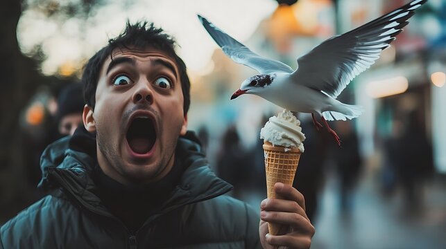 A startled man watches a bird eyeing his ice cream