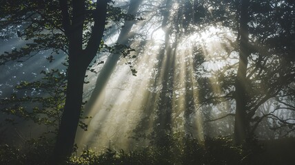 Obraz premium soft beams of sunlight breaking through a dense forest canopy