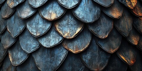 Fototapeta premium Detailed metallic scales create an intricate texture reminiscent of ancient armor, inviting a sense of strength and protection in a close-up view