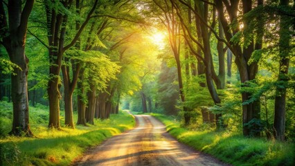 Sunbeams illuminate a winding forest path, casting a golden glow on the lush green foliage and verdant undergrowth
