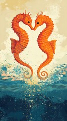Obraz premium Minimalist illustration of two seahorses forming a heart, over a vivid ocean backdrop 