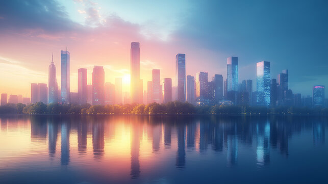 Sunset reflections over a smart cityscape featuring advanced buildings and technology