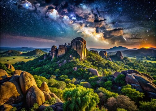 Captivating Long Exposure at Matopos Matobo National Park, Southern Zimbabwe, Showcasing Stunning Rock Formations and Serene Landscapes Under a Starry Sky