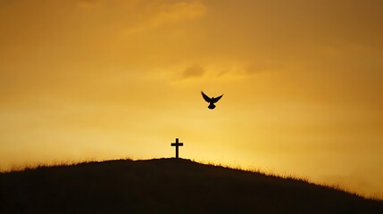 Obraz premium Golden Sunset Silhouette Bird Cross Hilltop