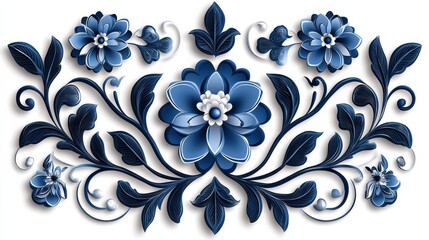 Fototapeta premium Elegant Blue Floral Ornamental Design with Curving Leaves and Petals