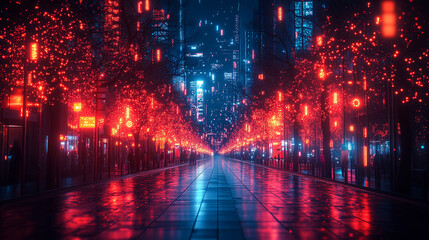 Obraz premium Exploring the vibrant tech landscape of smart buildings illuminated at night
