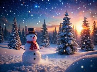 Obraz premium Captivating Long Exposure of a Snowman Surrounded by a Winter Wonderland of Softly Falling Snowflakes at Dusk, Creating a Magical and Serene Atmosphere in Nature's Embrace