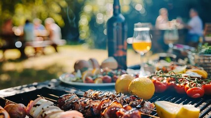 Hazy depiction of an outdoor barbecue gathering highlighting the delicious spread of food and drinks on display.