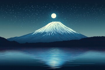 A serene night scene featuring a snow-capped mountain under a full moon, reflecting on water.
