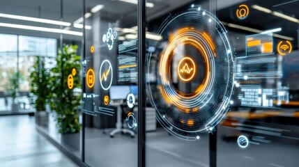 Fototapeta premium Futuristic Digital Holographic Interface With Glowing Circular Symbols and Transparency