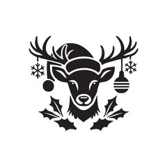 Christmas deer face vector logo mascot design. Flat design. A black and white deer with a geometric pattern on its face and antlers on its head, with a white background