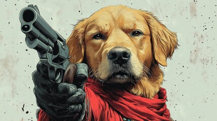 A golden retriever dog holding a gun, wearing a red scarf, in a stylized illustration.