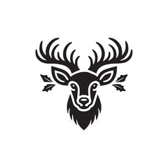 Christmas deer face vector logo mascot design. Flat design. A black and white deer with a geometric pattern on its face and antlers on its head, with a white background