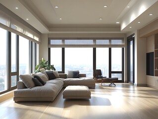 Modern living room with large windows, natural light, and minimalist furniture.