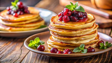 Fluffy cheese blini topped with berry compote and mint on a plate