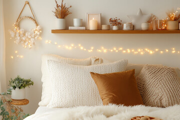 Cozy bedroom with soft pillows, warm lighting, and decorative elements creating serene atmosphere. inviting space features neutral color palette and natural textures