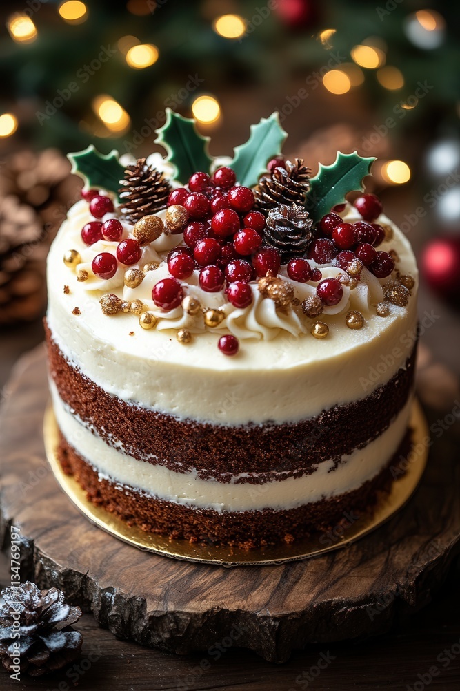 Poster Christmas dessert featuring a multi-layered cake decorated with red berries, pine cones, and green leaves on a rustic wooden surface in warm festive lighting