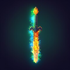 An 8-bit pixel art sword, infused with modern cartoon aesthetics, glowing with a magical aura