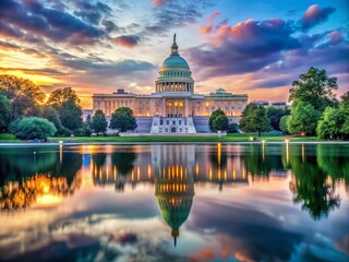 Fototapeta premium Captivating Long Exposure Panoramic View of Capitol Building at Dawn with Beautiful Reflection in Water, Washington DC's Iconic Landmark Surrounded by Serene Morning Light