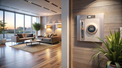 Captivating Long Exposure Photography of a Modern Wall Thermostat in a Stylish Home Setting with Soft Lighting and Ambient Background Enhancing the Mood of Comfort and Control