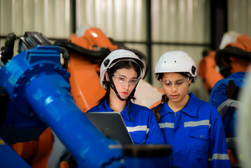 Two Caucasian female engineer, Technician wearing safety uniform working use tablet Online information monitor machine operation, check maintenance plan to make a machine work efficiently and safely.