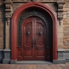Dark red stone doorway with ornate metalwork and carved wooden accents, dark red stone, gothic