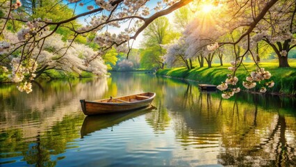A solitary wooden rowboat rests on the tranquil surface of a serene lake, surrounded by a vibrant tapestry of blossoming trees, reflecting the golden glow of the setting sun.