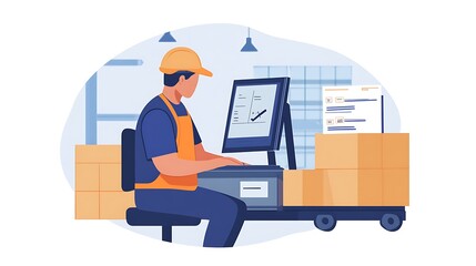 Warehouse worker using computer for logistics and delivery 