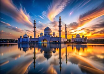 Obraz premium Captivating Long Exposure Shot of a Majestic Mosque in the United Arab Emirates at Dusk, Showcasing Its Architectural Grandeur and Surrounding Serenity with Reflections