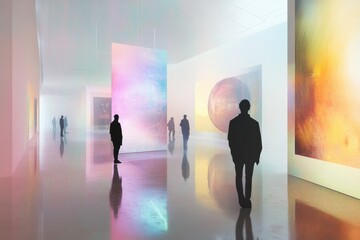 Visitors engage with diverse virtual artworks and avatars in an immersive digital gallery filled with vibrant colors and reflections. Generative AI