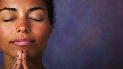 Serene young woman with eyes closed, hands in prayer position against a deep purple backdrop.