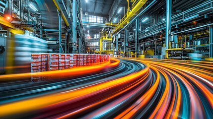 Obraz premium Industrial factory interior with long exposure light trails showing production line.