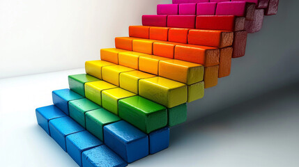 Colorful building blocks arranged in staircase formation symbolize structured path success. Each block is labeled key attributes promoting achievement in various endeavors.