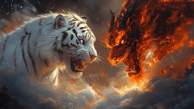 Fierce confrontation between a white tiger and a fire dragon amidst stormy clouds.