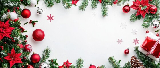 Festive Christmas Border with Red Ornaments, Pine Branches, and Snowflakes