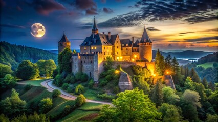 Fototapeta premium Captivating Low Light Photography of a Historic Castle Illuminated by Moonlight, Showcasing Architectural Details and Surrounding Landscape in a Mystical Atmosphere