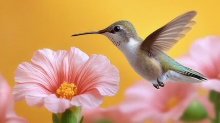 Fototapeta premium Hummingbird hovering near a vibrant pink flower against a bright yellow background in a serene garden setting
