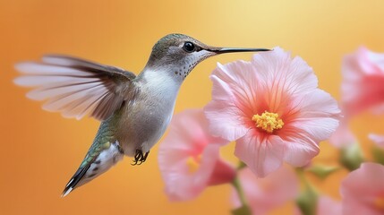Obraz premium Hummingbird hovering near pink flower on a soft orange background in a serene garden setting at dusk