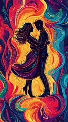 Vertical minimalist poster featuring a couple dancing in line art amidst vibrant swirling colors 