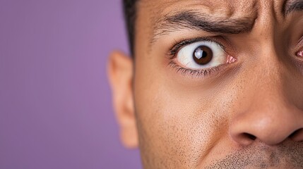 Close-up of a man's surprised face, eyes wide open.  A  purple background.