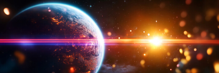 Distant Planet Near Star Light - A vibrant blue planet floats through space, bathed in the radiant light of a nearby star. The scene symbolizes cosmic wonder, exploration, distant worlds, celestial en