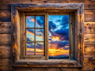 Captivating Low Light Photography of a Serene Sky Framed by a Rustic Wooden Window at Dusk, Perfect for Evoking Tranquility and Natural Beauty in Home Decor
