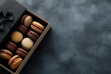 Box of Gourmet Macarons on Dark Background
