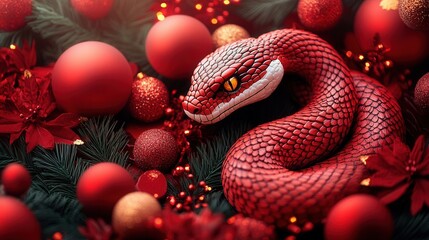 Fototapeta premium Festive red snake amidst holiday decorations and ornaments creating a vibrant, seasonal atmosphere in a cozy setting