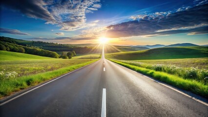 Naklejka premium A scenic paved road winds through rolling hills, bathed in the warm glow of a sunset, leading towards a horizon filled with hope and promise.