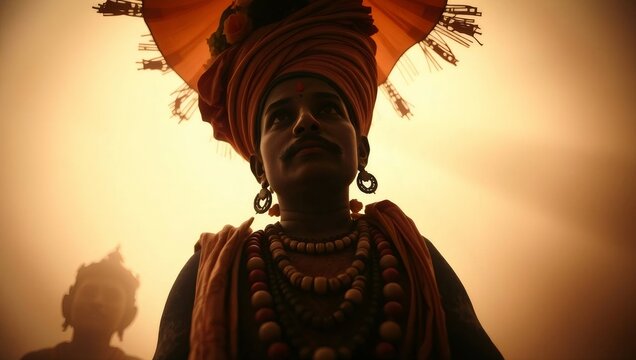 Spiritual Portrait: A man in traditional Indian attire, with a turban and mala beads, looks directly at the camera, his expression serene and contemplative. His presence evokes a sense of wisdom.