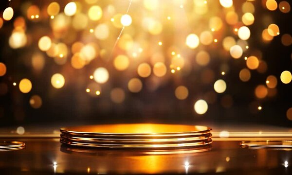 Golden podium standing in front of blurred background with golden lights. Ideal for award, produce, promotion, product show fashion background. Celebration video background.