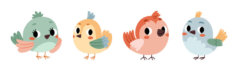 Set of cute round bird characters.Spring cute birds with red cheeks. Birds isolated on white background